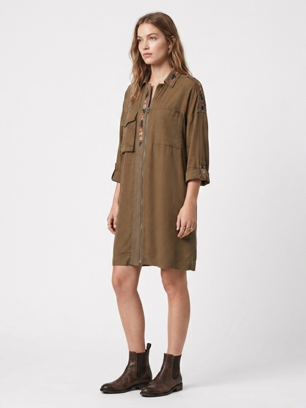 AllSaints Laurel Colt Midi Dress Utility Zip Front Silk Floral Olive Green US 10